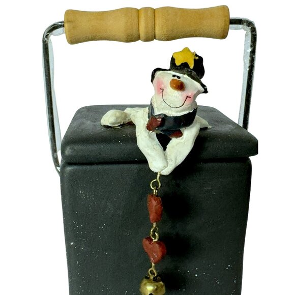 Ceramic Snowman Votive Candle Holder With Lid & Wooden Handle Whimsical Charm - Picture 3 of 7